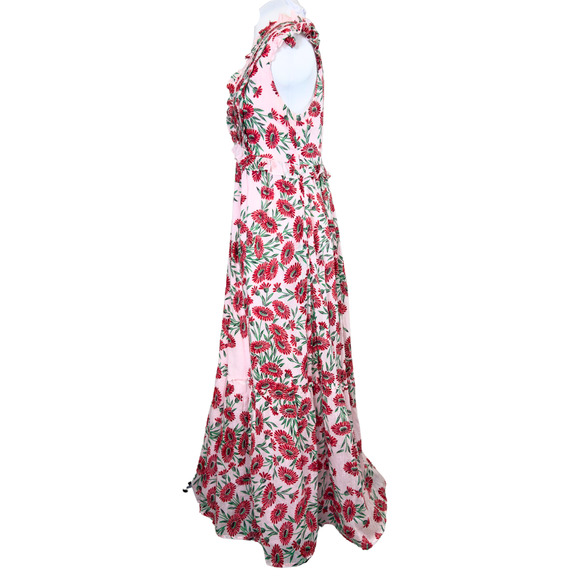 Banjanan Constance Red Pink Floral Maxi Dress VNeck Flutter Sleeves Ruffle Sz L - Picture 5 of 10